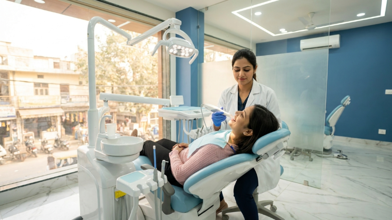 Professional dentist providing advanced dental treatment to a smiling patient at Dentare Clinic in Jamia Nagar.